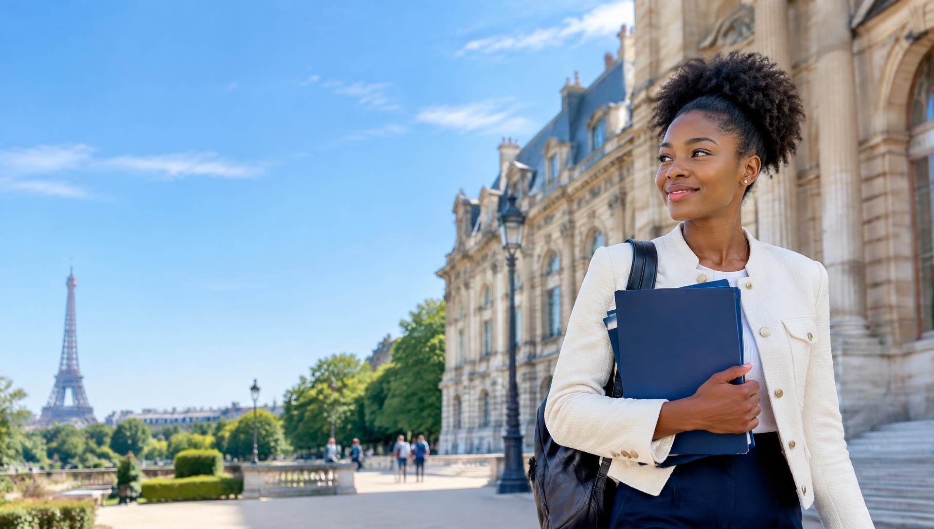 Une étudiante sur un campus à Paris, prête pour son avenir international